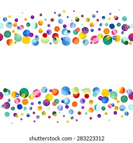 Watercolor rainbow colored confetti border with space for your text. Colorful confetti background. Confetti party. Vector illustration 