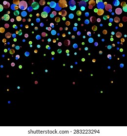 Watercolor rainbow colored confetti falling down from the top. Colorful confetti on black background. Hand painted in watercolor confetti vector illustration