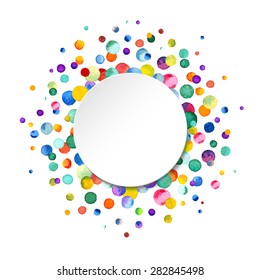 Watercolor rainbow colored confetti scattered around with space for your text. Colorful confetti background. Confetti party. Vector illustration
