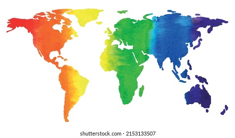 Watercolor rainbow flat simplified earth map. Illustration in support of the LGBT community. Pride Month.