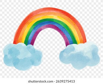 Watercolor rainbow with fluffy clouds, hand painted for Pride and joy, symbolizing hope, peace, and love. vector