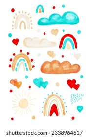 Ilustración de arcoiris acuarela, elementos boho. Juego de adorables arcos de mano dibujando.