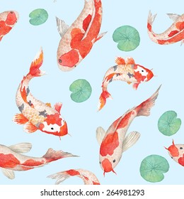 Watercolor rainbow koi carp pattern. Seamless oriental texture with water Lily leaves and hand drawn fishes. Underwater wildlife repeating background in vector. Artistic illustration