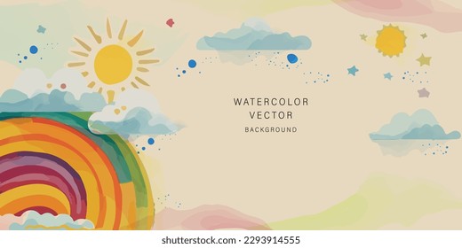 Watercolor rainbow stars sun illustration for kids background