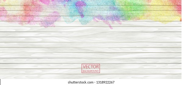 Watercolor rainbow wood banner. Wood plank. Vector art. White and rainbow pattern, texture background, wooden parquet header background texture.