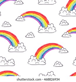 Watercolor rainbows and clouds seamless pattern. Colorful cartoon vector sky background. 