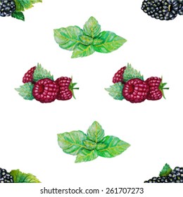 watercolor raspberries and blackberries. Seamless pattern. Isolated on white. Vector version