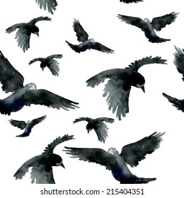 Watercolor ravens seamless pattern. Hand painted. Vector illustration.