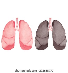 Watercolor realistic healthy and ill human lungs. Vector illustration. Real watercolor drawing. Traced painting