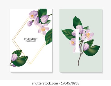 Watercolor realitic flower branch, greenery leaves card set. Soft botanical elements, cherry blossom bouquet, wedding art. Oriental Japan design in pastel green violet colors. Vector.