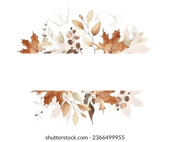 Watercolor rectangle frame on white background. Orange and beige autumn wild flowers, branches, maple leaves and twigs