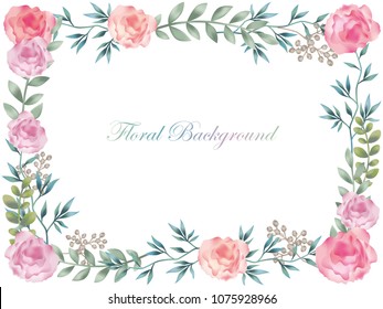 Watercolor Rectangular Flower Background/frame With Text Space, Vector Illustration. 