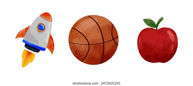 Acuarela manzana roja, cohete, Ilustración vectorial de Clipart de baloncesto aislado sobre fondo blanco, colección de regreso a la escuela