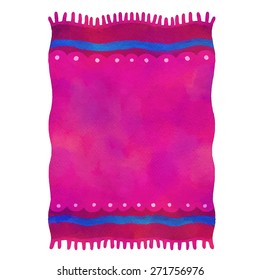 Watercolor red beach towel with tassels closeup isolated on white background. Top view