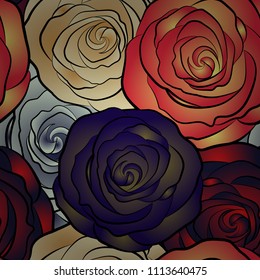 Watercolor red, beige and orange roses seamless pattern. Hand painted sketch with abstract rose flowers in red, beige and orange colors. Floral card design.