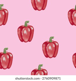 Watercolor Red Bell Pepper Seamless Pattern On Pink Background For Packaging And Textiles