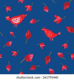 Watercolor red birds and flowers on blue background seamless pattern in vector