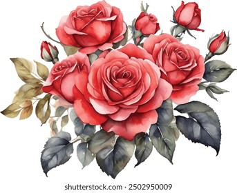 Watercolor red bouquet roses illustration. rose flower