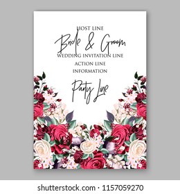 Watercolor red burgundy rose wedding invitation template vector floral background for bridal shower baby shower anniversary birthday card