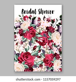 Watercolor red burgundy rose wedding invitation template vector floral background for bridal shower baby shower anniversary birthday card