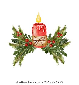 Watercolor red candle surrounded by evergreen branches and red berries for festive decoration