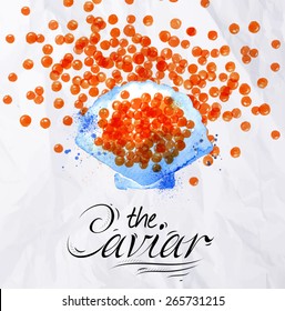 Watercolor red caviar lettering the caviar on crumpled paper