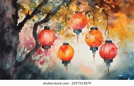 Watercolor red chinese lanterns at dark night blue background, hand drawn illustration, new year template