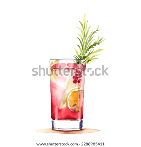 Watercolor red cocktail. Summer refreshing alcoholic drink with grapefruit, ice and rosemary