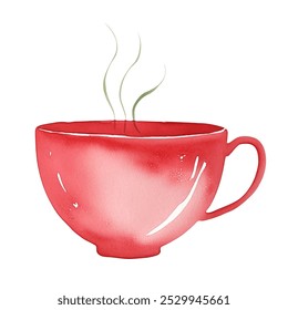 Watercolor red cup of hot drink. Cocoa, coffee, tea. Christmas element. Cute winter illustration