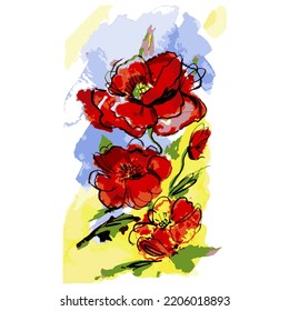 Watercolor red field poppies on yellow-blue blurry spot.Vector flowers isolated on white background