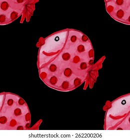 Watercolor red fish seamless pattern.Hand drawn