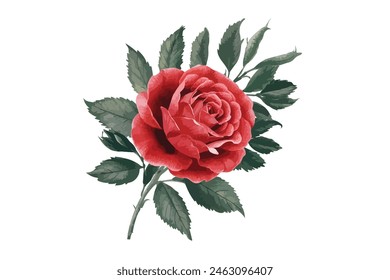 Aquarell Rote Blume Clipart Illustration und Rosenblütenzweig mit grünen Blättern auf weißem Hintergrund, 