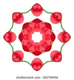 Watercolor Red flower mandala. Lace circular ornament on white background. Oriental Geometric circle element. Vector illustration.