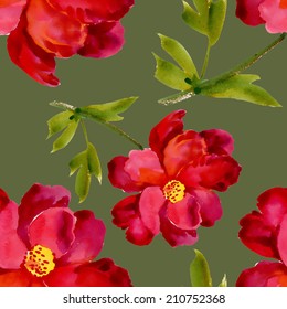 Watercolor red flower seamless pattern on green background vector illustration