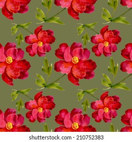 Watercolor red flower seamless pattern on green background vector illustration