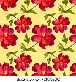 Watercolor red flower seamless pattern on yellow background vector illustration