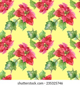 Watercolor red flowers seamless pattern on yellow background vector illustration