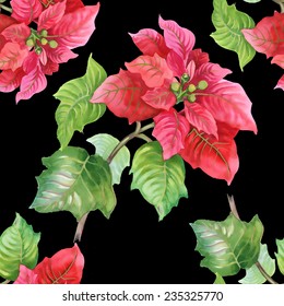 Watercolor red flowers seamless pattern on black background vector illustration