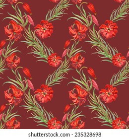 Watercolor red flowers seamless pattern on vinous background vector illustration