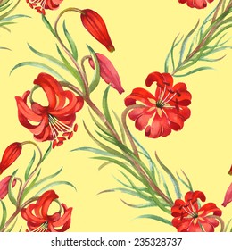 Watercolor red flowers seamless pattern on yellow background vector illustration