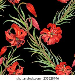Watercolor red flowers seamless pattern on black background vector illustration