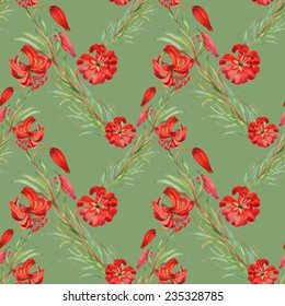 Watercolor red flowers seamless pattern on green background vector illustration