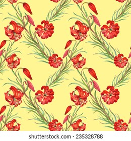 Watercolor red flowers seamless pattern on yellow background vector illustration