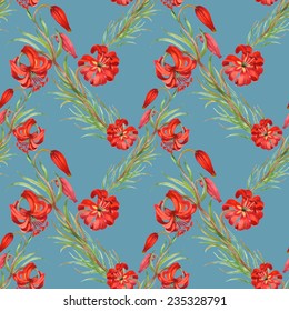Watercolor red flowers seamless pattern on blue background vector illustration