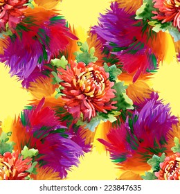 Watercolor red flowers texture illustration, Seamless pattern on yellow background. Vector illustration