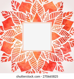Watercolor red frame, border with flower pattern. Vector illustration in oriental indian style