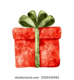 Watercolor red gift box with green Christmas bow cut out from white background