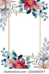 Watercolor red grey floral frame for wedding, birthday, card, background, invitation, wallpaper, sticker, decoration etc.