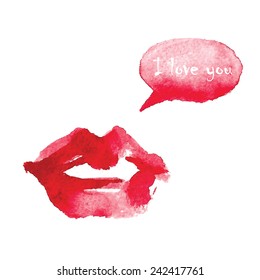 Watercolor red lips with inscription "I love you". Vector illustration.