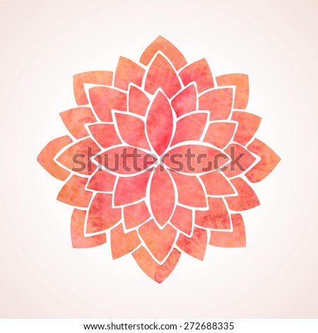 Watercolor red lotus flower. Mandala. Oriental indian, chinese style. Circled element for design. Flower pattern isolated on white background. Logo template. Vector illustration